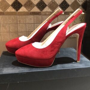 NIB Scarlet Red Suede Platform Slingback 5”  High Heels Sz. 9.5